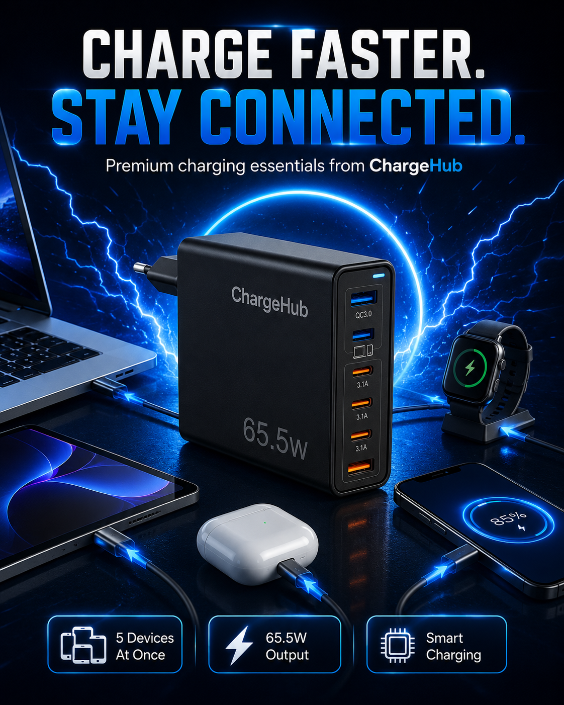ChargeHub 65.5W 5-port charging block with three USB-C and two USB-A ports, view 2
