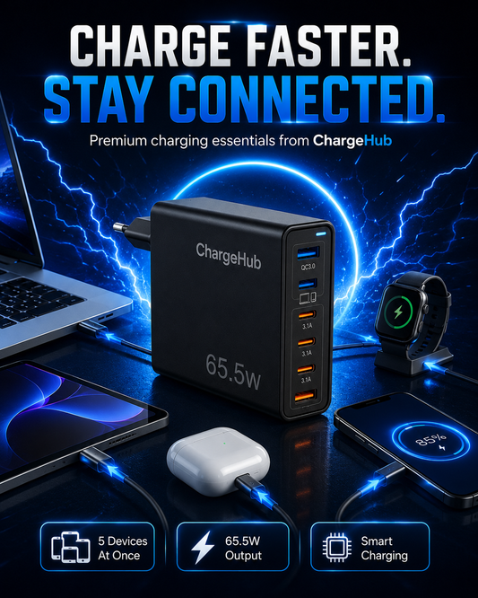 ChargeHub 65.5W 5-port charging block with three USB-C and two USB-A ports, view 2