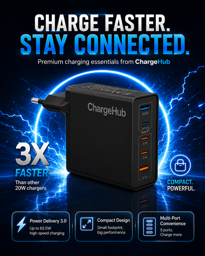 ChargeHub 65.5W 5-port charging block with three USB-C and two USB-A ports, view 3