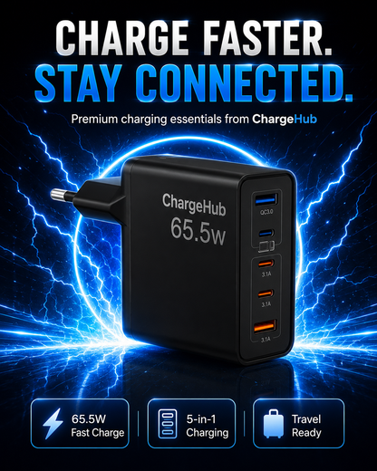 ChargeHub 65.5W 5-port charging block with three USB-C and two USB-A ports, view 4