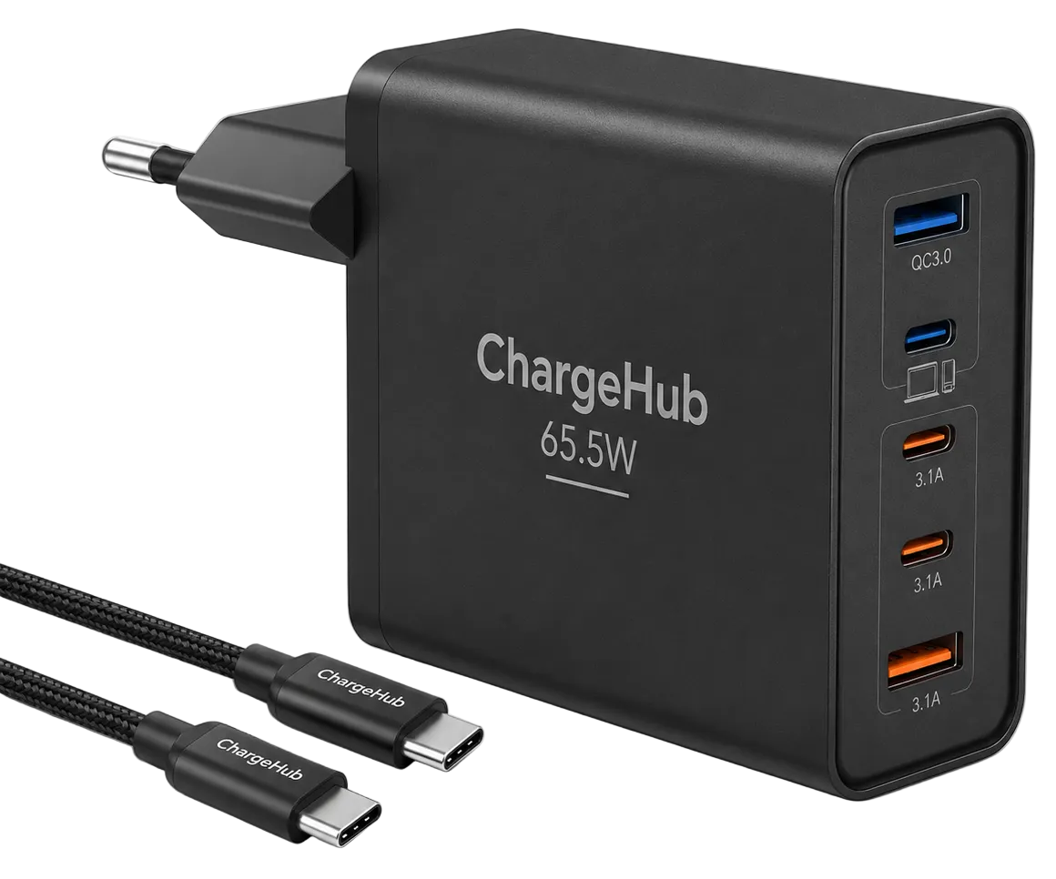 ChargeHub 65.5W 5-port charging block with three USB-C and two USB-A ports