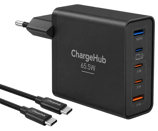 ChargeHub 65.5W 5-port charging block with three USB-C and two USB-A ports