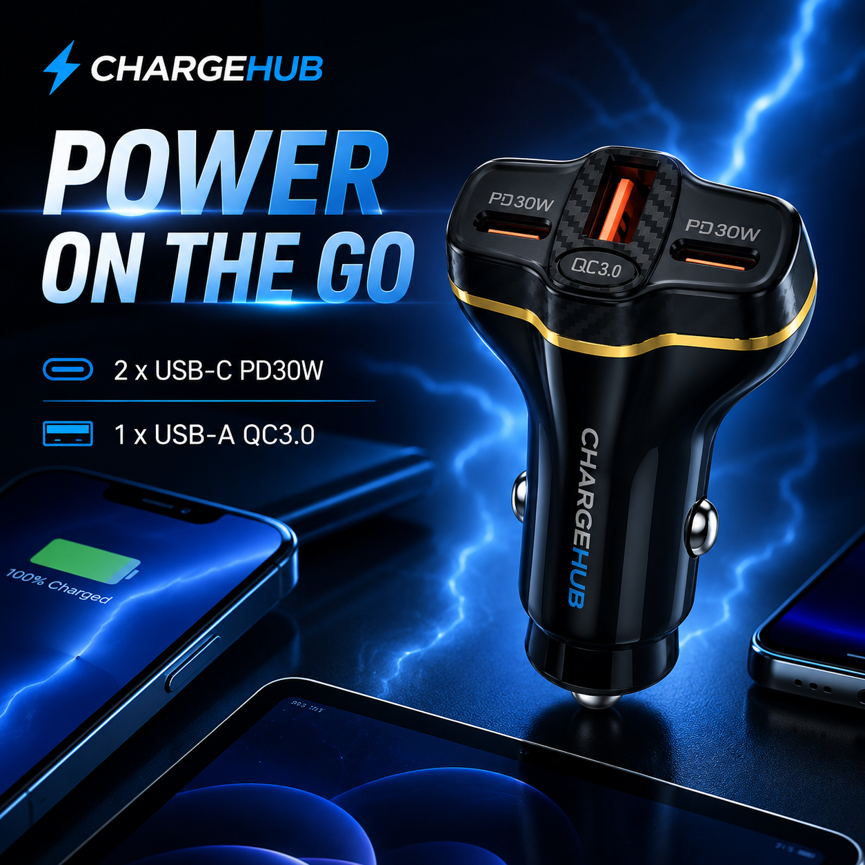 ChargeHub 78W 3-port car charger with dual USB-C and USB-A for charging three devices, view 2