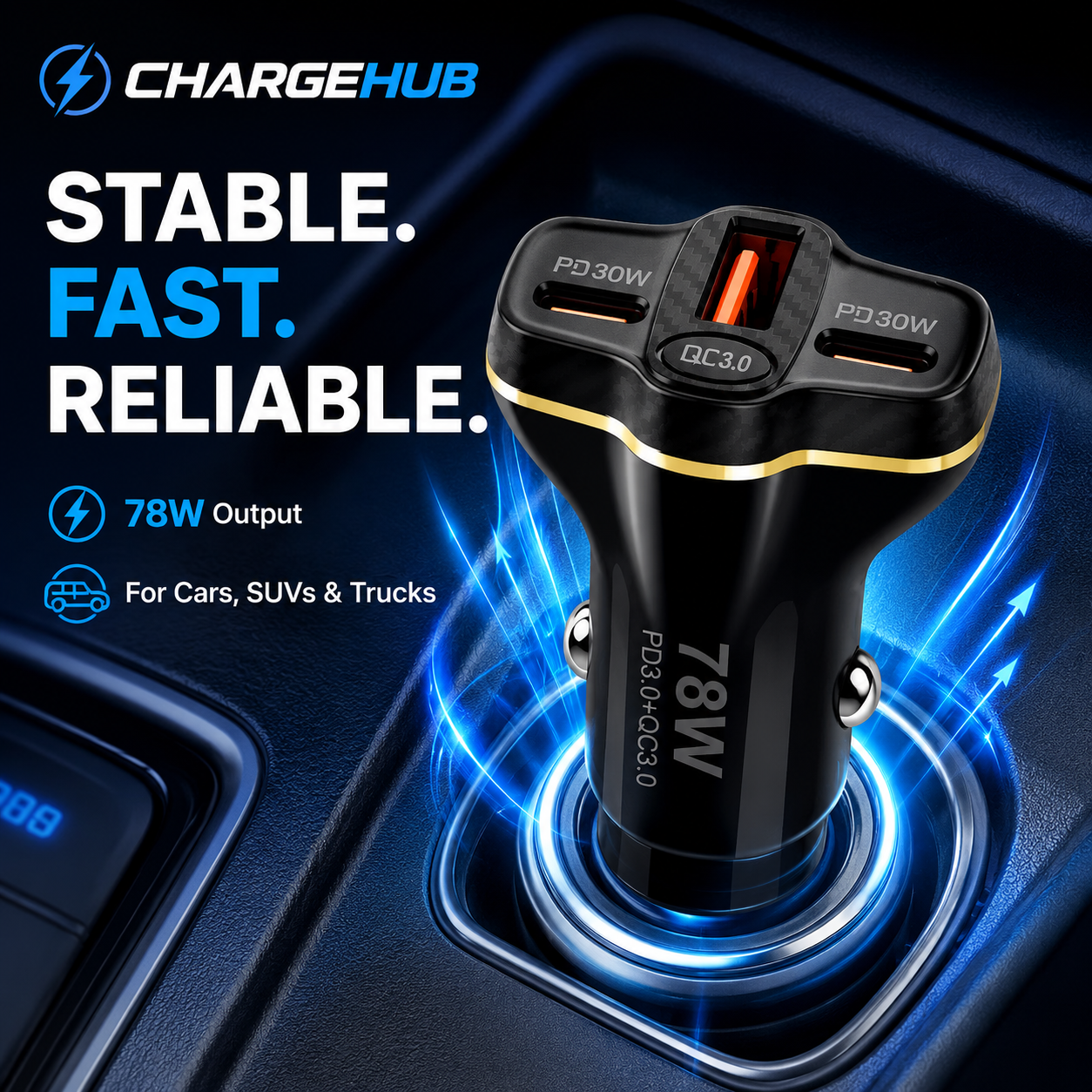 ChargeHub 78W 3-port car charger with dual USB-C and USB-A for charging three devices, view 3