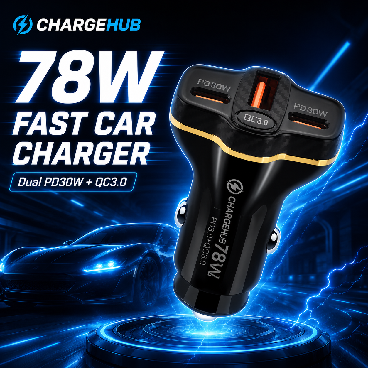 ChargeHub 78W 3-port car charger with dual USB-C and USB-A for charging three devices, view 4