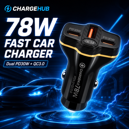 ChargeHub 78W 3-port car charger with dual USB-C and USB-A for charging three devices, view 4