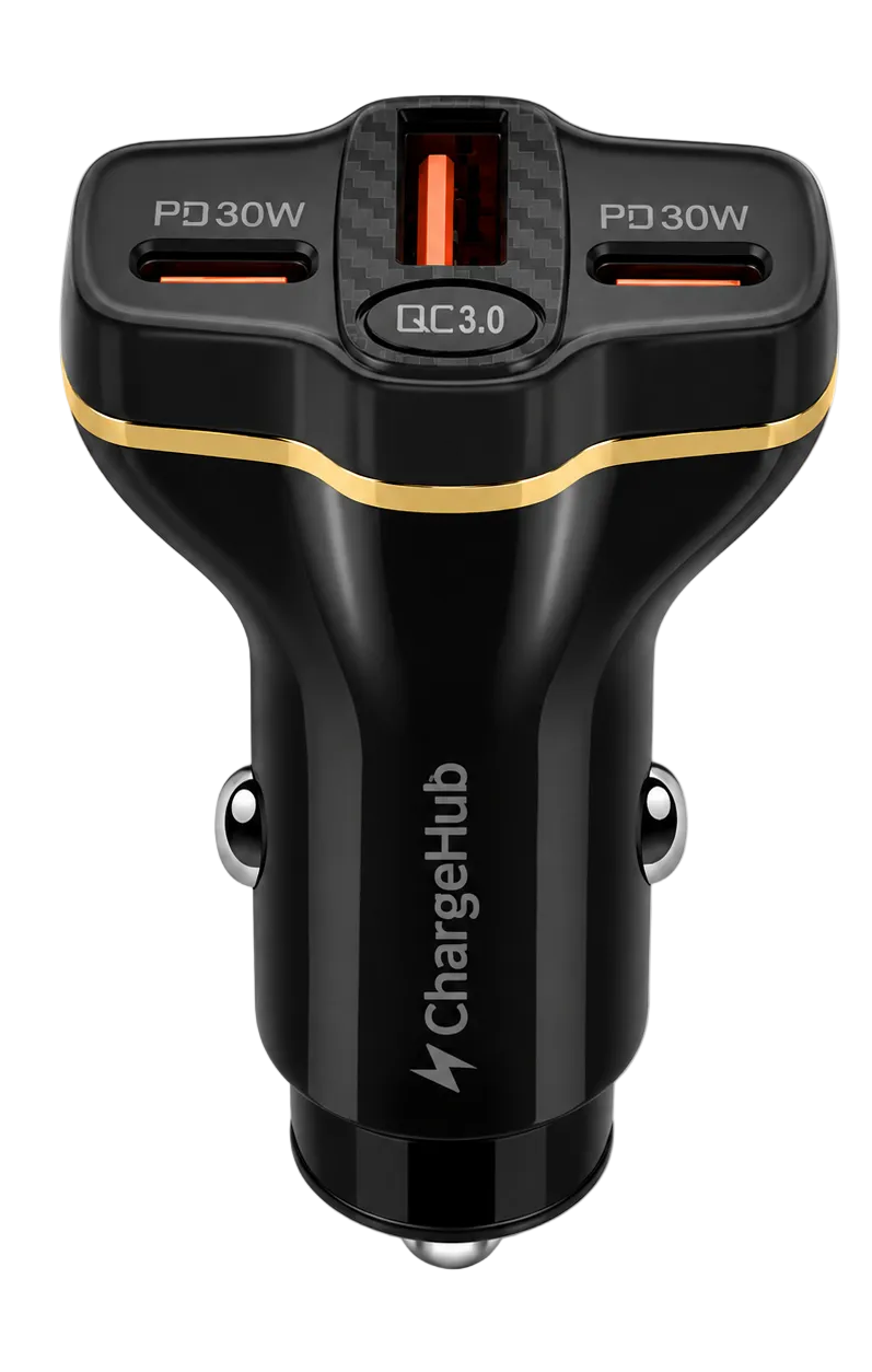 ChargeHub 78W 3-port car charger with dual USB-C and USB-A for charging three devices