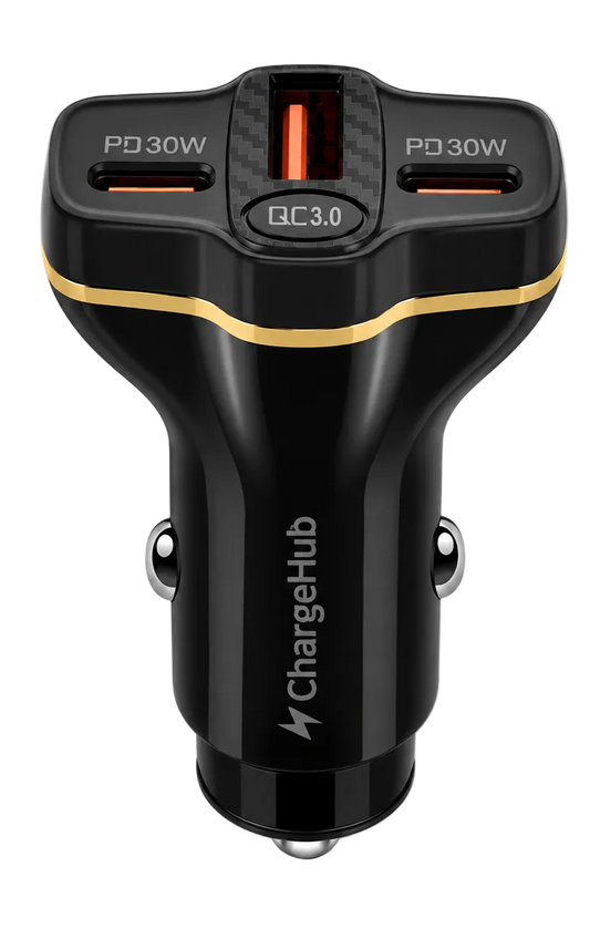 ChargeHub 78W 3-port car charger with dual USB-C and USB-A for charging three devices