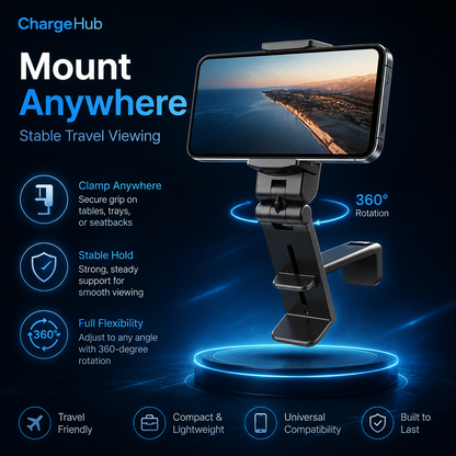 ChargeHub airplane phone holder with 360 degree rotating clamp for tray tables, view 3