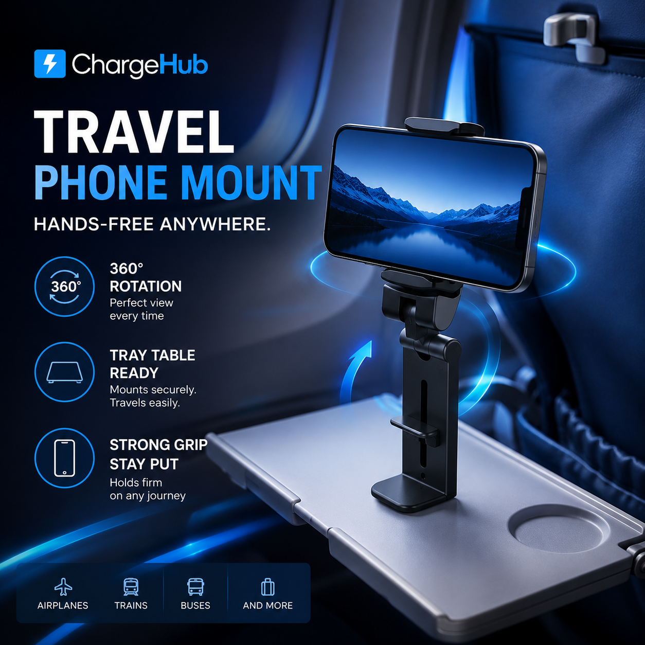 ChargeHub airplane phone holder with 360 degree rotating clamp for tray tables, view 4