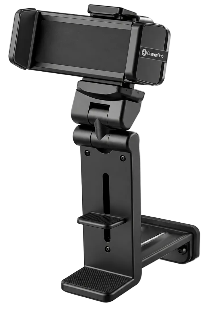 ChargeHub airplane phone holder with 360 degree rotating clamp for tray tables