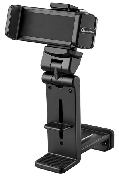 ChargeHub airplane phone holder with 360 degree rotating clamp for tray tables