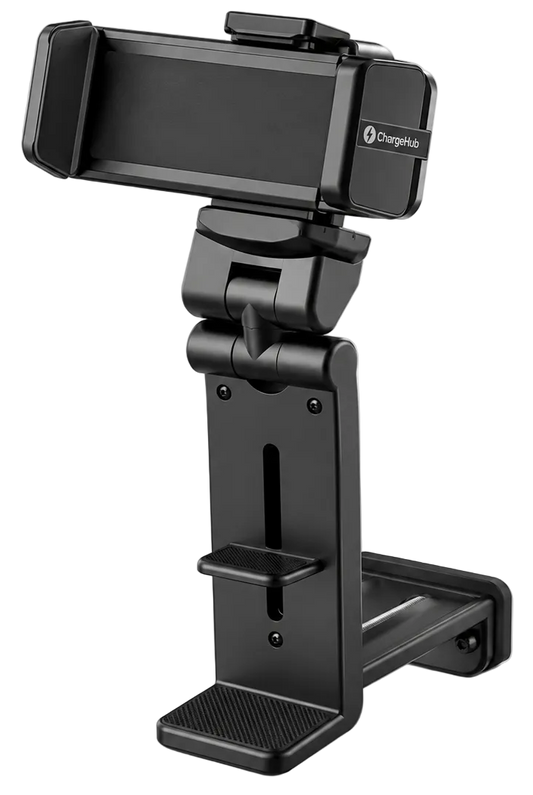 ChargeHub airplane phone holder with 360 degree rotating clamp for tray tables