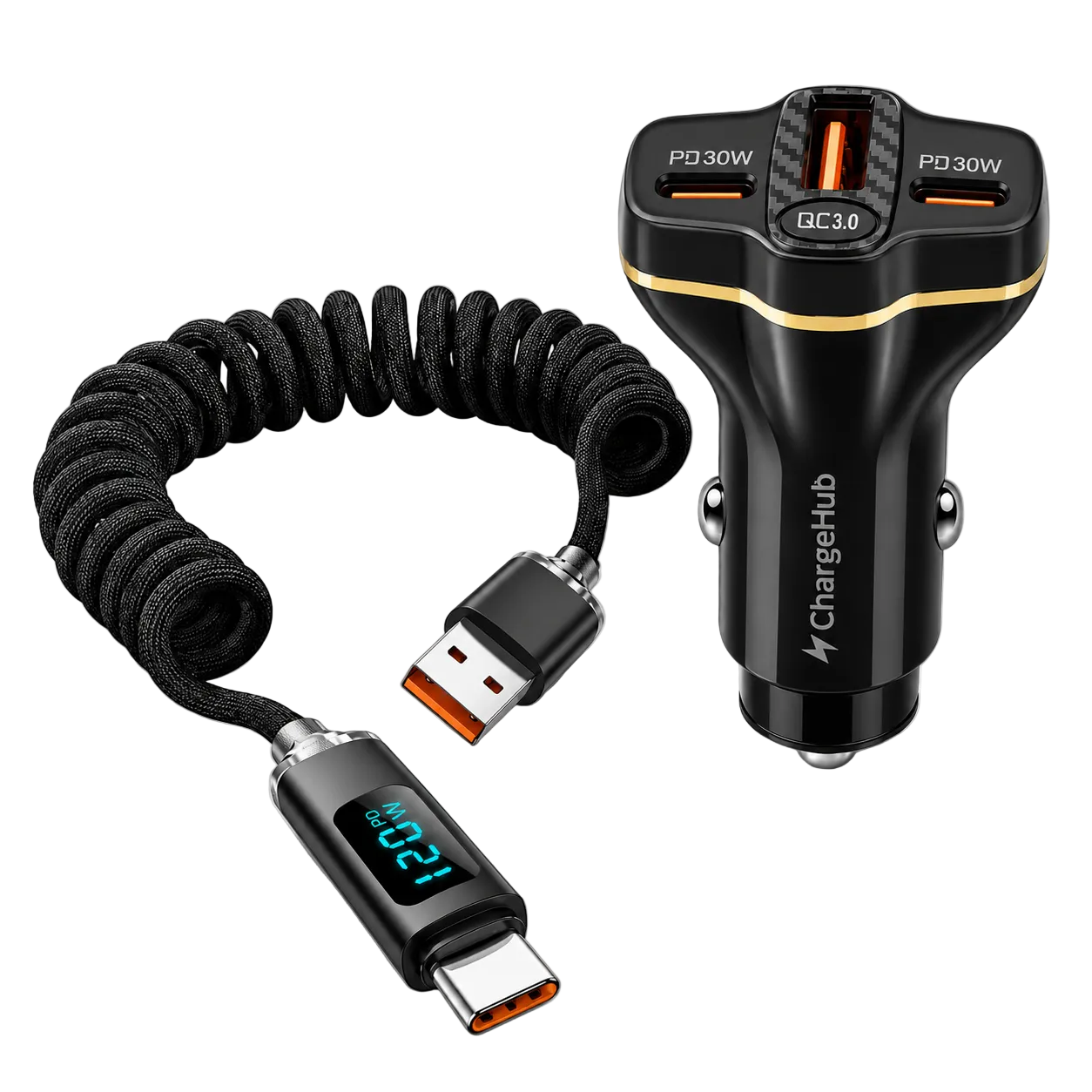 ChargeHub Car Charging Kit - 78W 3-port car charger and braided USB-A to USB-C cable
