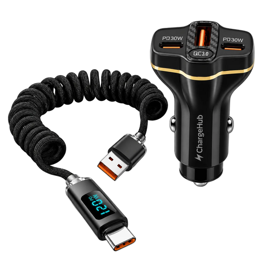 ChargeHub Car Charging Kit - 78W 3-port car charger and braided USB-A to USB-C cable