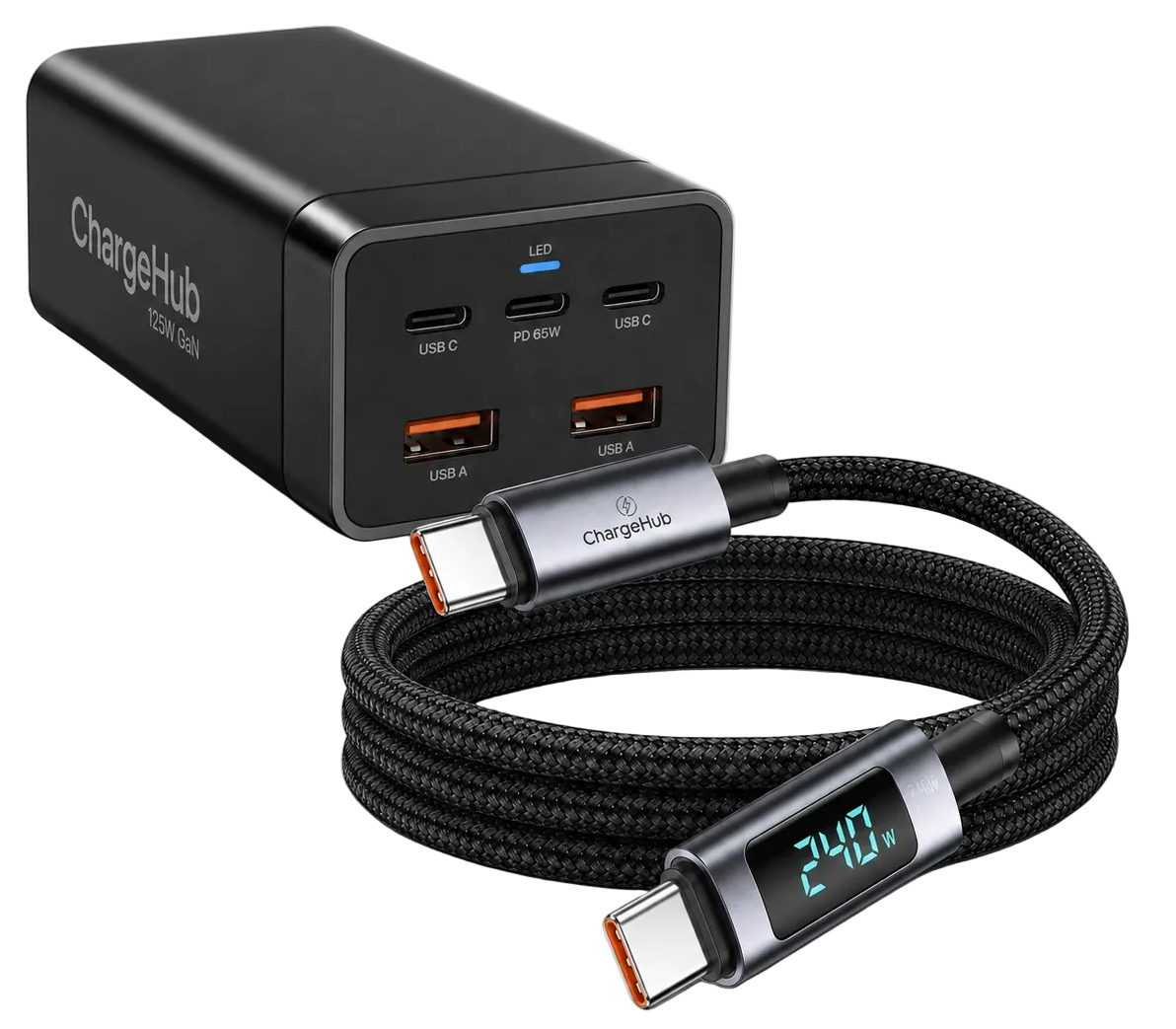 ChargeHub Desk Power Kit - 125W GaN 5-port desktop charging station and 240W USB-C cable