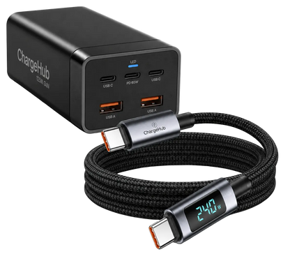 ChargeHub Desk Power Kit - 125W GaN 5-port desktop charging station and 240W USB-C cable