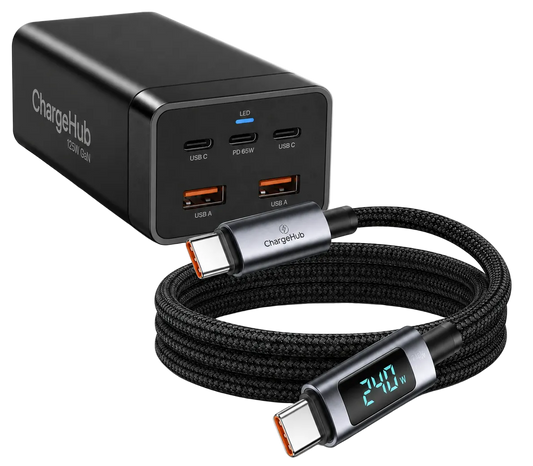 ChargeHub Desk Power Kit - 125W GaN 5-port desktop charging station and 240W USB-C cable