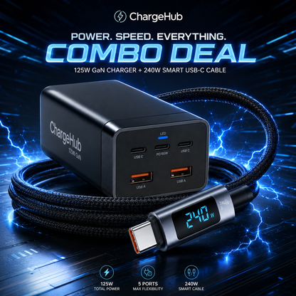 ChargeHub Desk Power Kit contents - 125W GaN charging station with 240W USB-C cable
