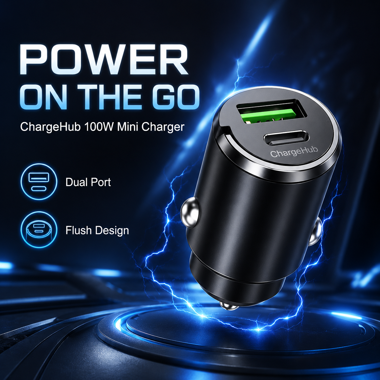 ChargeHub dual-port mini metal car charger with pull ring for the 12V socket, view 2