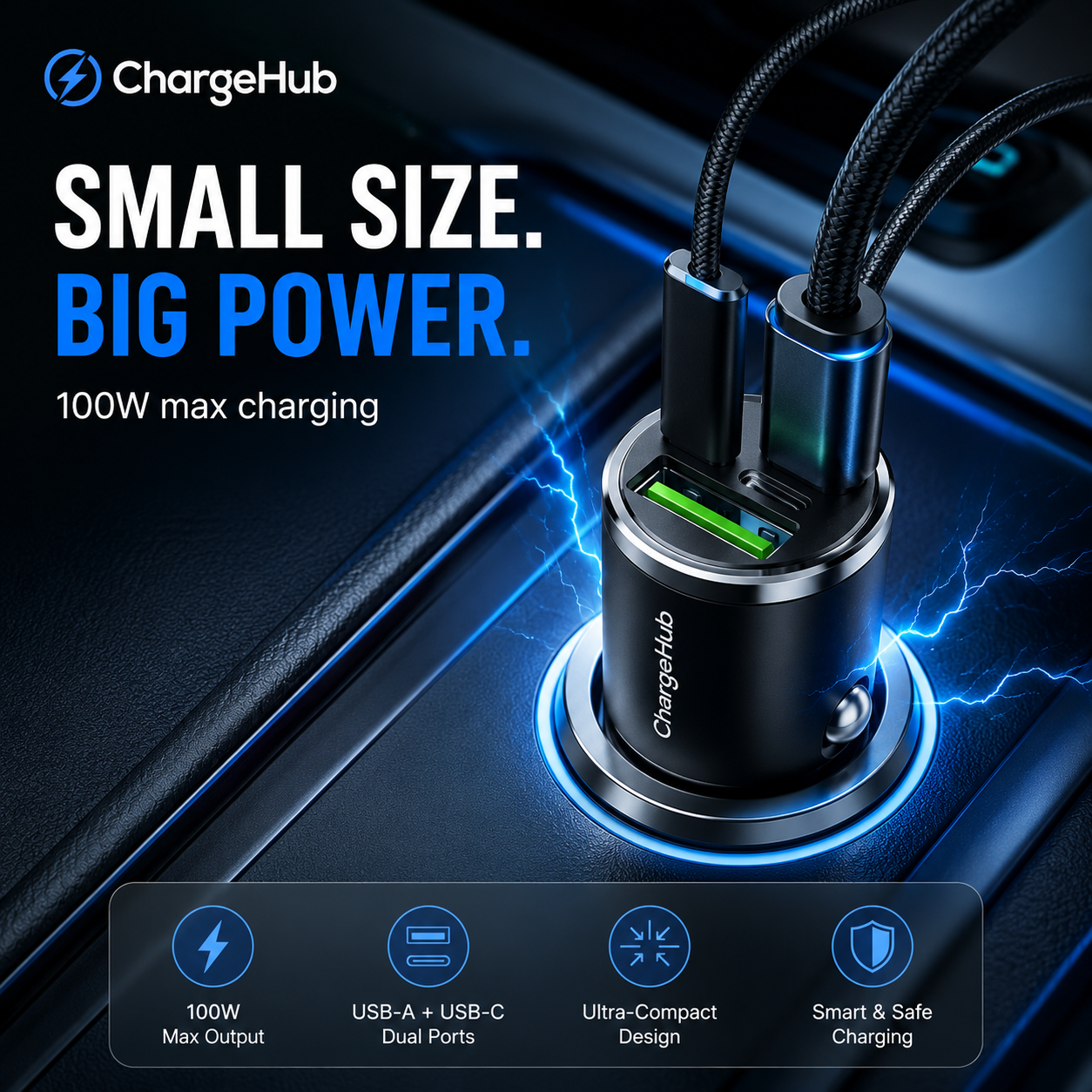 ChargeHub dual-port mini metal car charger with pull ring for the 12V socket, view 3