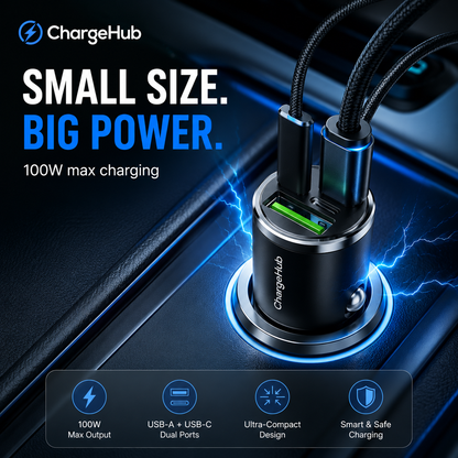 ChargeHub dual-port mini metal car charger with pull ring for the 12V socket, view 3
