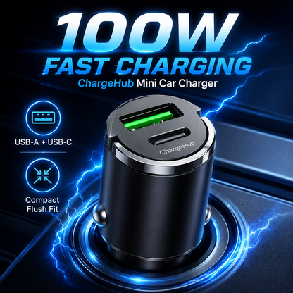 ChargeHub dual-port mini metal car charger with pull ring for the 12V socket, view 4