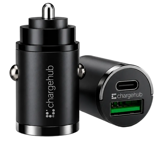 ChargeHub dual-port mini metal car charger with pull ring for the 12V socket