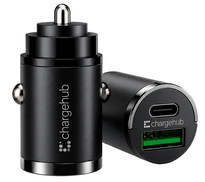 ChargeHub dual-port mini metal car charger with pull ring for the 12V socket