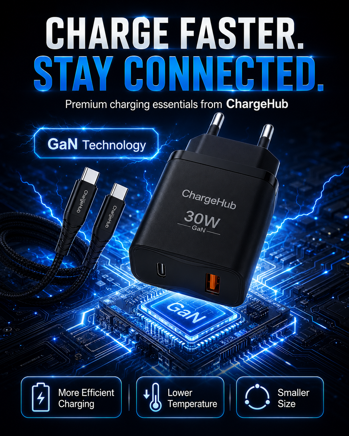 ChargeHub dual-port USB-C PD fast charger with 5A cable for charging two devices at once, view 2