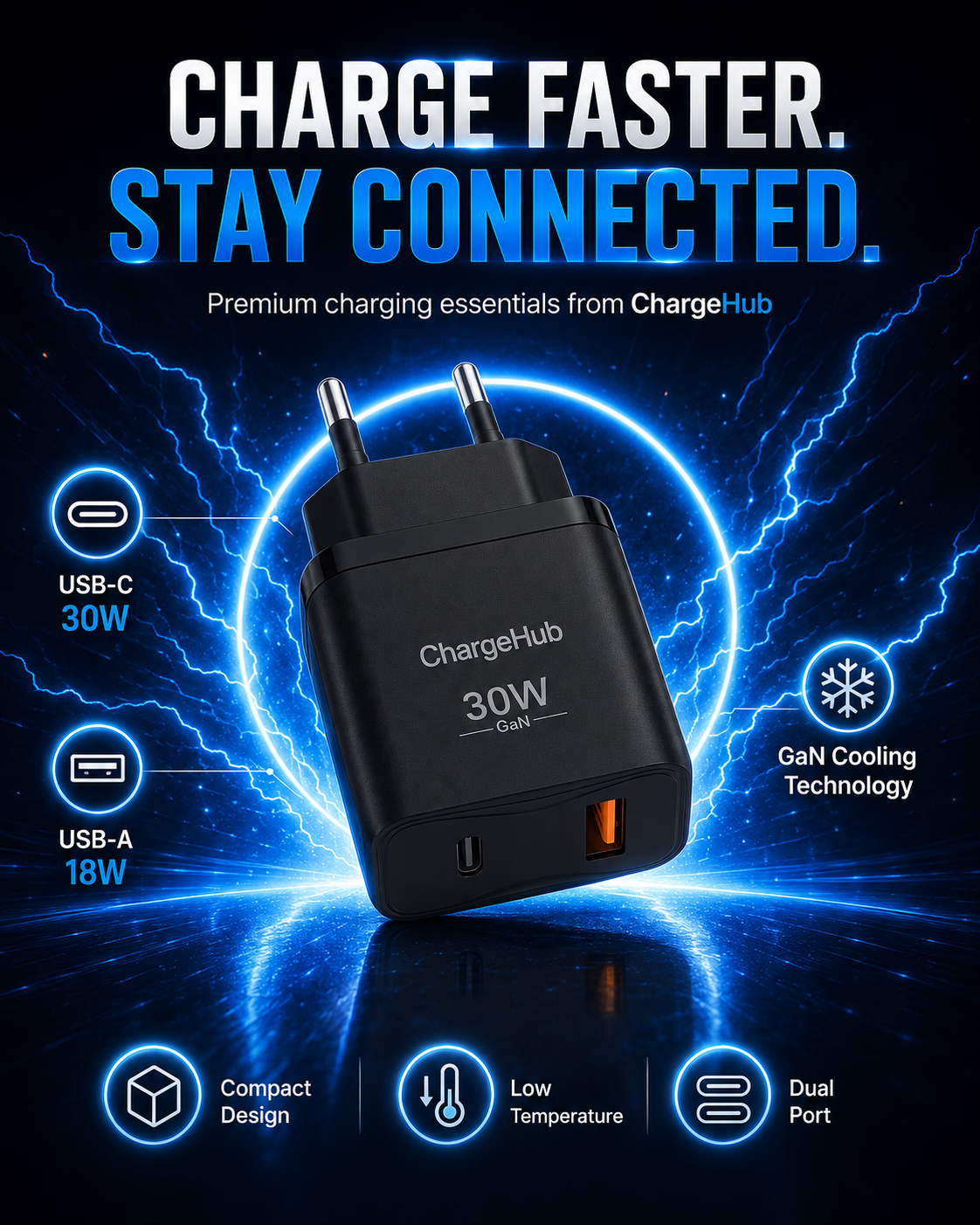 ChargeHub dual-port USB-C PD fast charger with 5A cable for charging two devices at once, view 3
