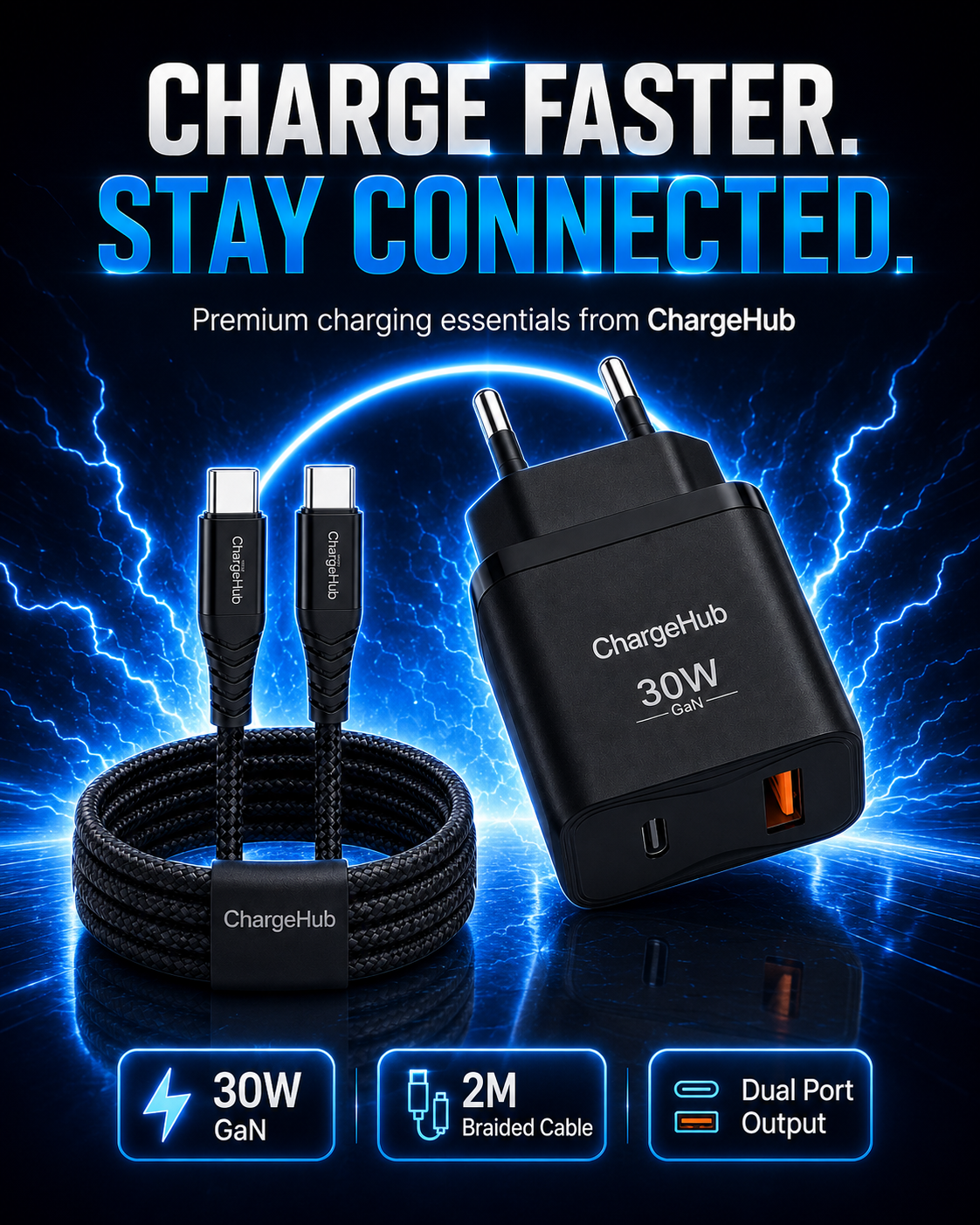 ChargeHub dual-port USB-C PD fast charger with 5A cable for charging two devices at once, view 4
