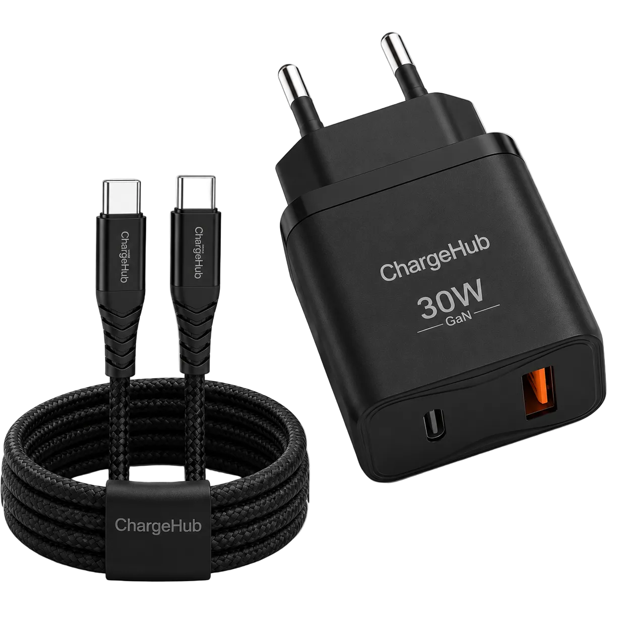 ChargeHub dual-port USB-C PD fast charger with 5A cable for charging two devices at once