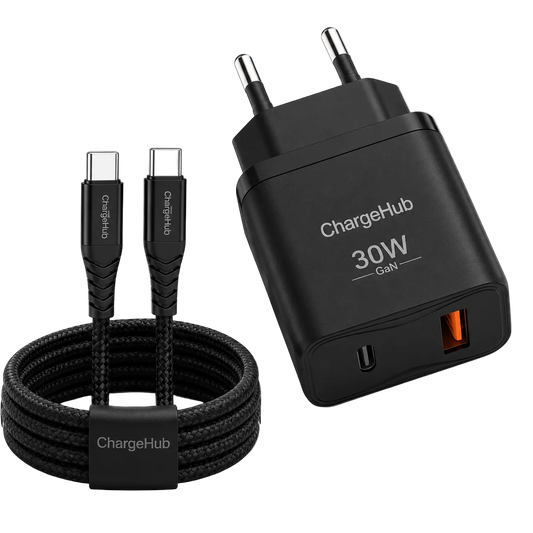 ChargeHub dual-port USB-C PD fast charger with 5A cable for charging two devices at once