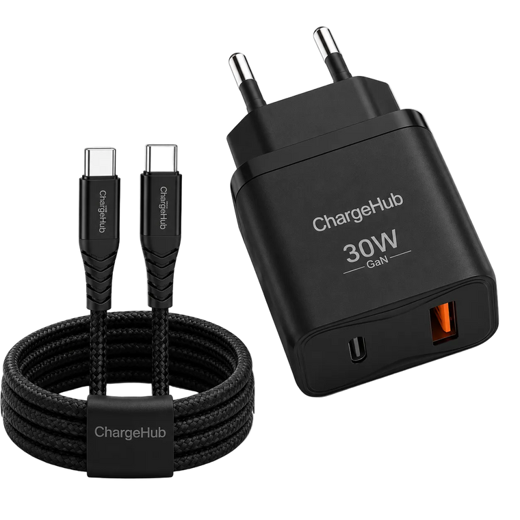 ChargeHub dual-port USB-C PD fast charger with 5A cable for charging two devices at once