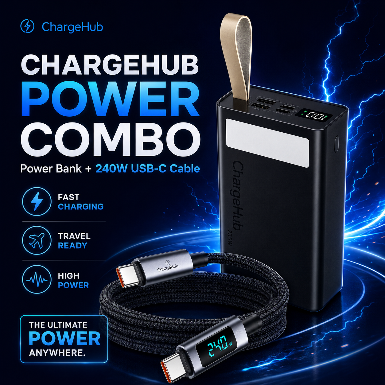 ChargeHub Load-Shedding Survival Kit contents - 40 000mAh LCD power bank with charging cable