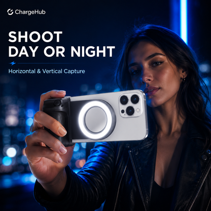 ChargeHub magnetic camera grip with detachable remote shutter and built-in fill light, view 2