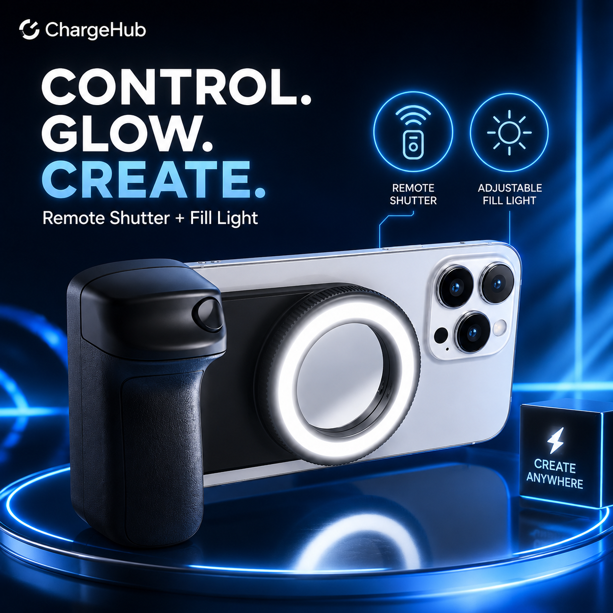 ChargeHub magnetic camera grip with detachable remote shutter and built-in fill light, view 3
