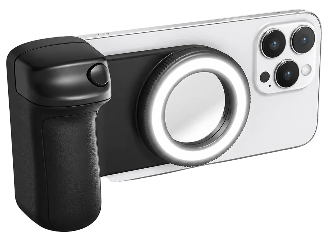 ChargeHub magnetic camera grip with detachable remote shutter and built-in fill light