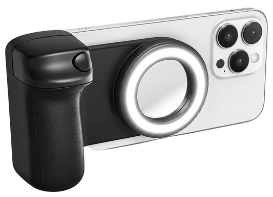 ChargeHub magnetic camera grip with detachable remote shutter and built-in fill light