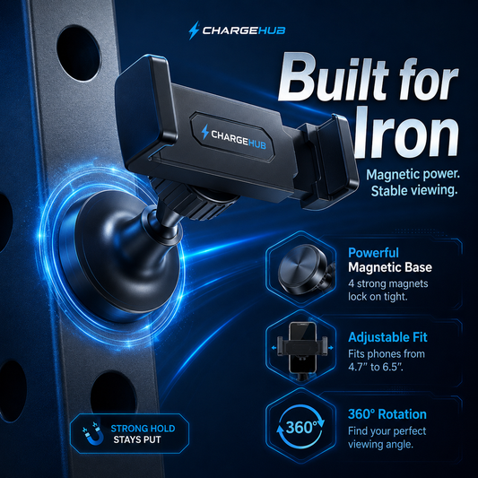 ChargeHub heavy-duty aluminium magnetic gym phone mount for filming workouts, view 2