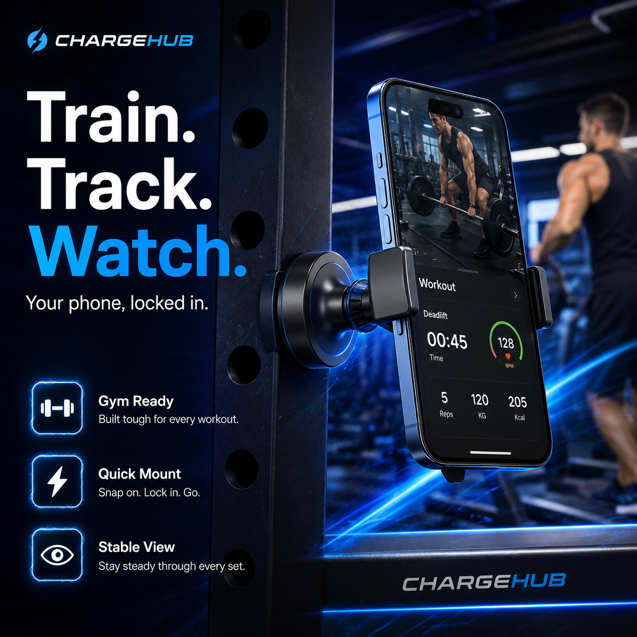 ChargeHub heavy-duty aluminium magnetic gym phone mount for filming workouts, view 3