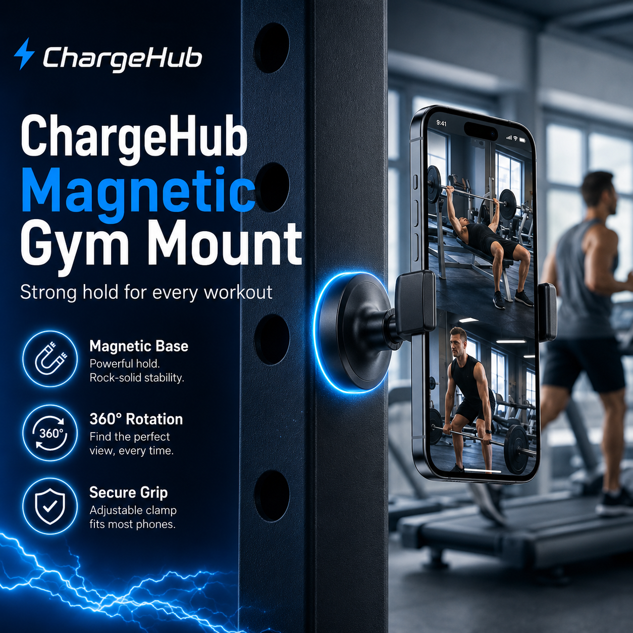 ChargeHub heavy-duty aluminium magnetic gym phone mount for filming workouts, view 4