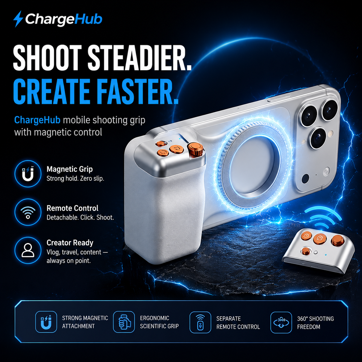 ChargeHub magnetic selfie kit with rotating mount and detachable wireless remote, view 4