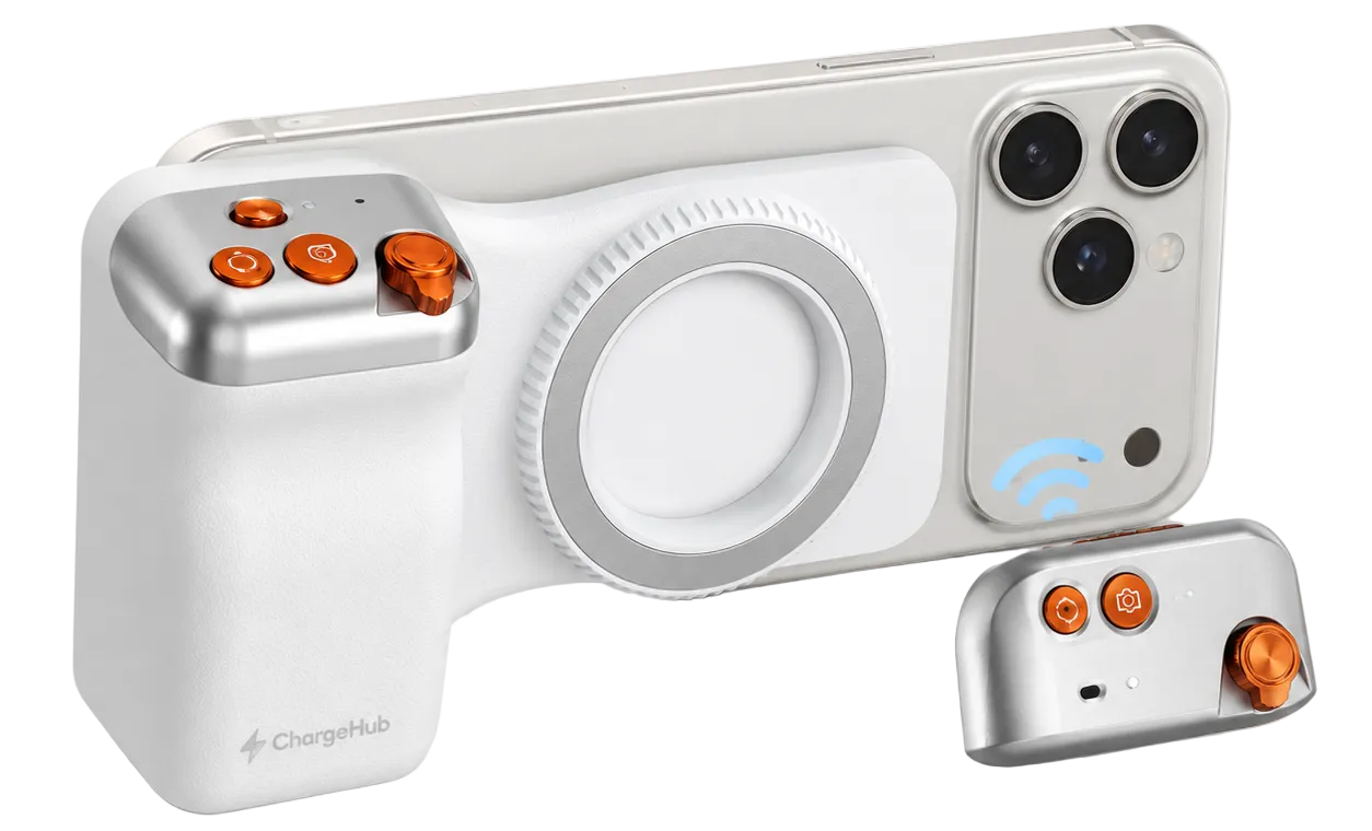ChargeHub magnetic selfie kit with rotating mount and detachable wireless remote