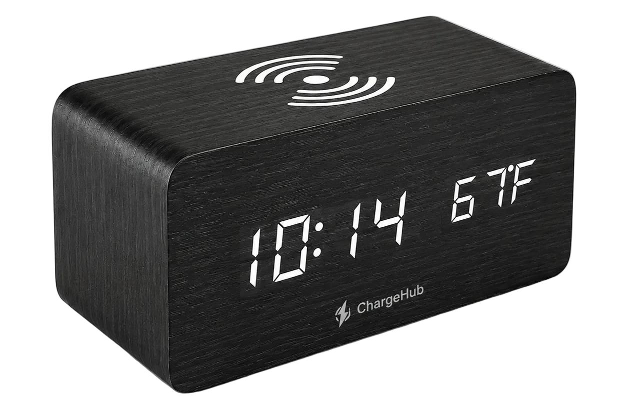 ChargeHub minimalist alarm clock wireless charger with temperature display, view 2