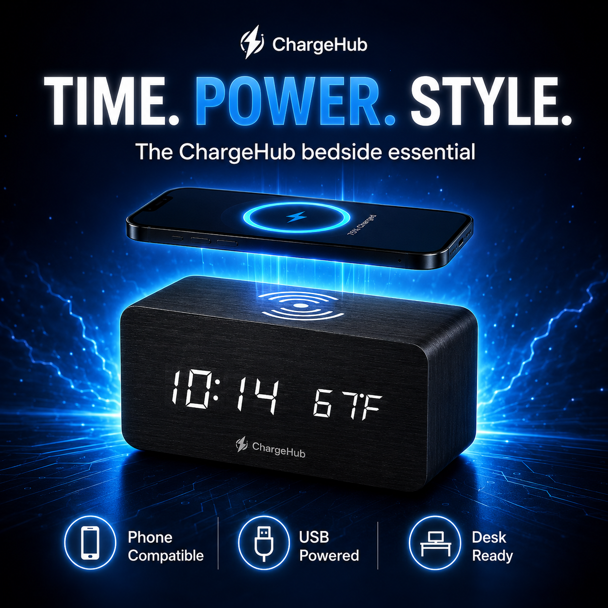 ChargeHub minimalist alarm clock wireless charger with temperature display, view 3