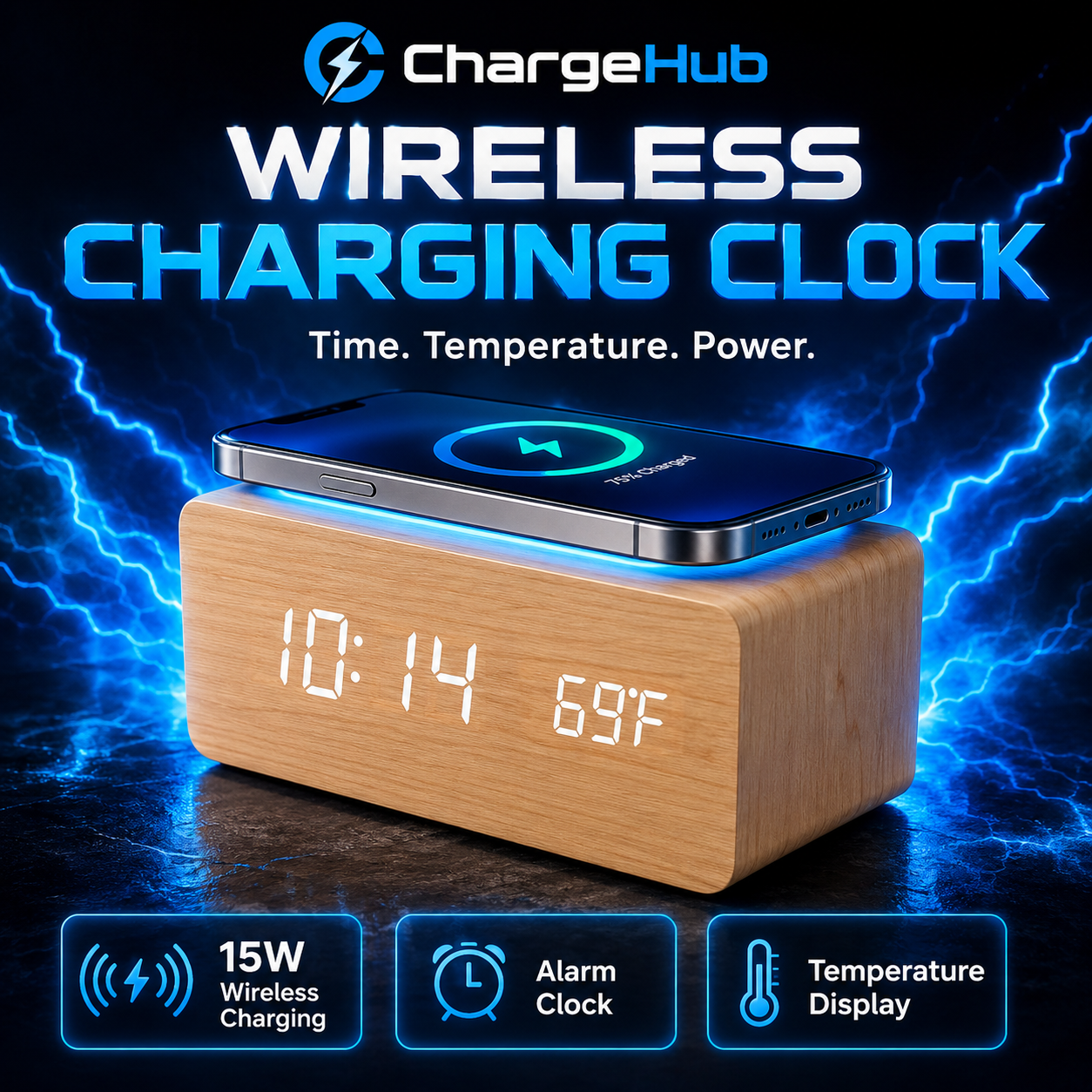 ChargeHub minimalist alarm clock wireless charger with temperature display, view 4
