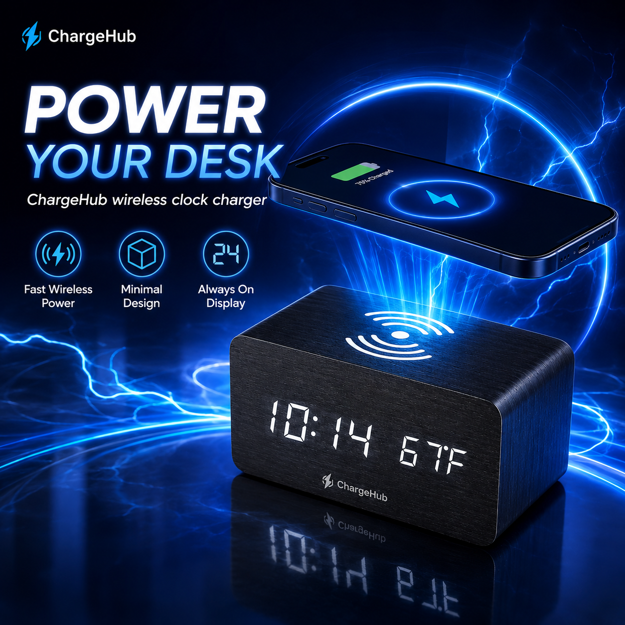 ChargeHub minimalist alarm clock wireless charger with temperature display, view 5