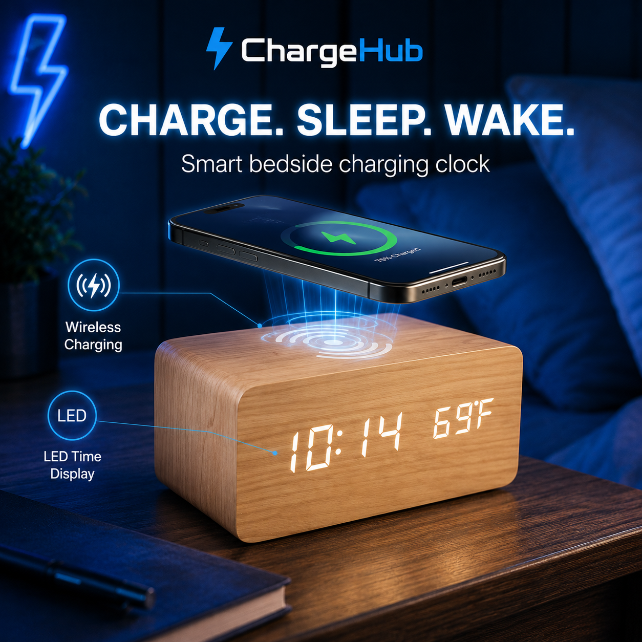 ChargeHub minimalist alarm clock wireless charger with temperature display, view 6